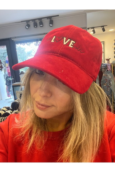 gozdeasutayaccessory Red Velvet Cap with the Word Love Written on It