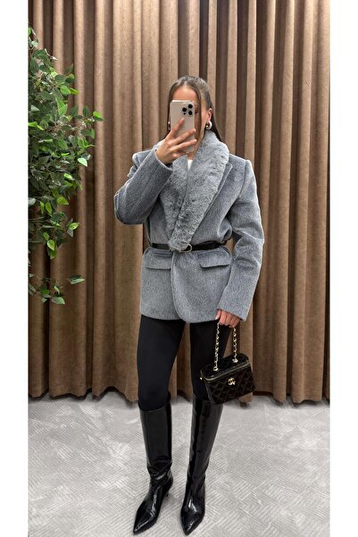 Maysa KÜRK YAKA PELUŞLU CEKET-GRİ