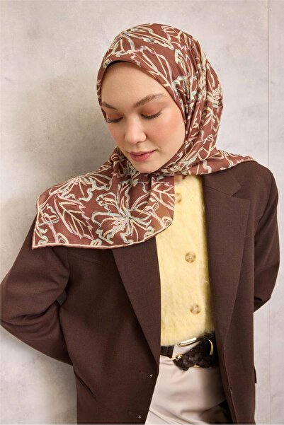 Silk Home Cotton Polyester Soft Scarf Lily Pattern Light Brown 90X90