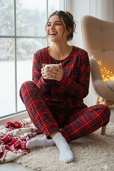 ELİTOL Women's Red Plaid Patterned Long Sleeve Pajama Set