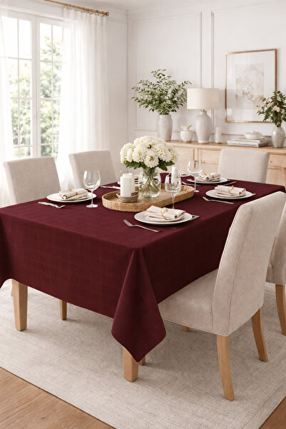 NazeninHome Checkered Satin Tablecloth Stone Burgundy 100% Cotton 230X320 cm ...