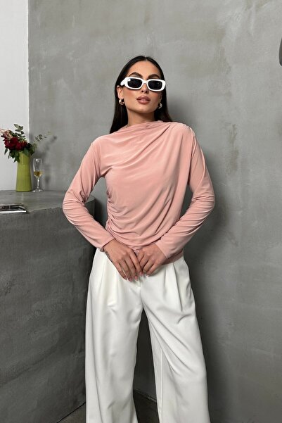 spirituel Women's Blouse Draped Long Sleeve Sandy Fabric High Collar Stretch ...