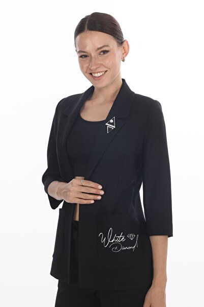 WHİTE DİAMOND Kadın Siyah Cep Detaylı Broşlu Blazer Ceket