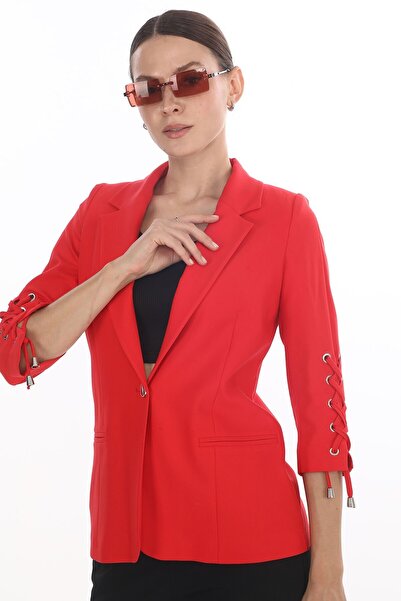 WHİTE DİAMOND Kadın Kırmızı 3/4 Kol Kuşgözü Detaylı Blazer Ceket