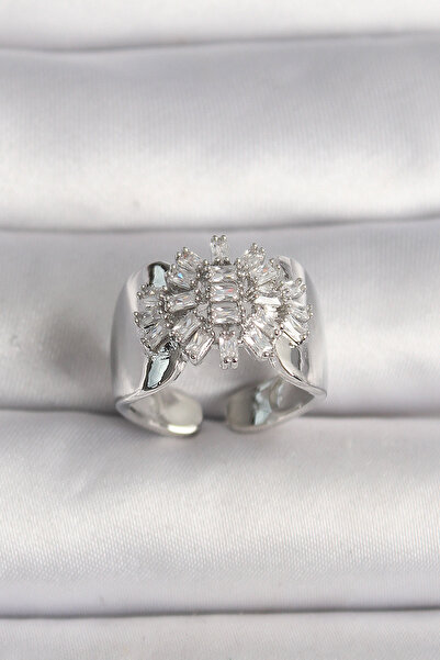 blackpure Brass Silver Color Adjustable Baguette Zircon Stone Model Women's Ring