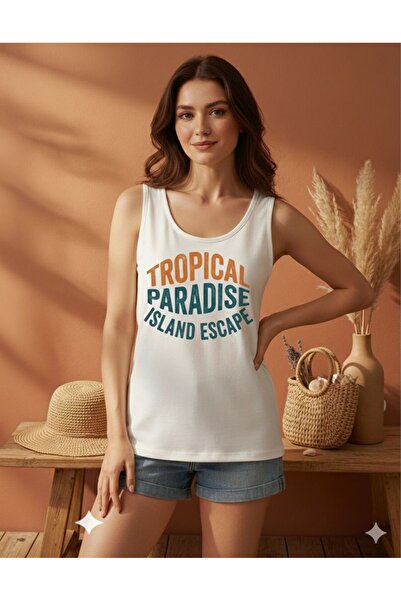 BW Bravely Wear تي شيرت نسائي من Tropical Paradise مطبوع بحزام على الكتفين