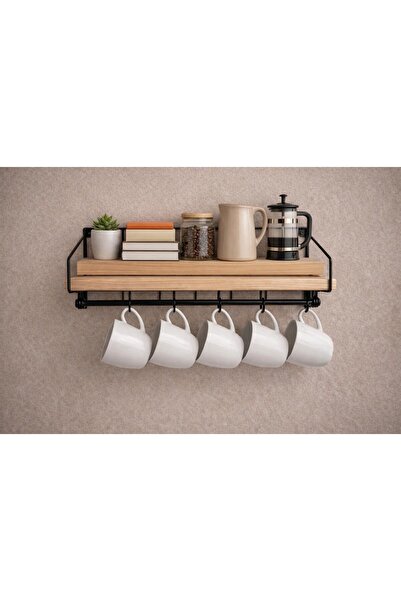 MİHRES TEK RAFLI AHŞAP METAL FİNCAN ASKILI DUVAR RAFI