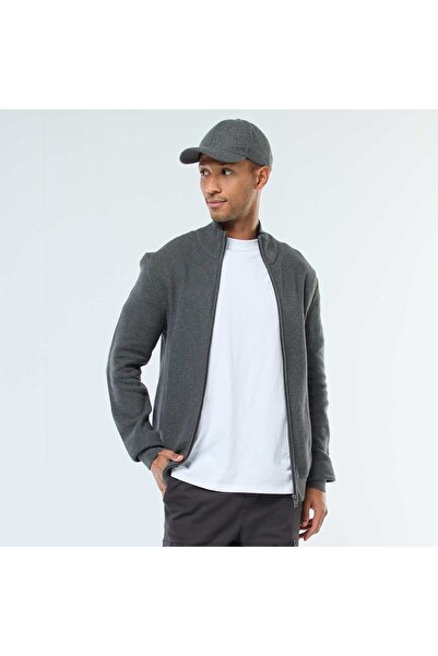 KIABI كارديجان رمادي محبوك بلون رمادي، مزود بجيبين وياقة عالية