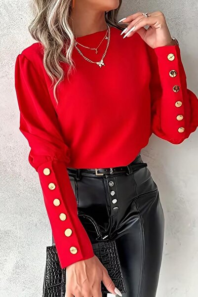 Deafox Red Button Detail Lantern Sleeve Round Neck Crepe Fabric Blouse