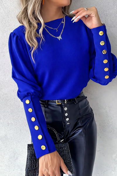 Deafox Cobalt Blue Button Detail Lantern Sleeve Round Neck Crepe Fabric Blouse