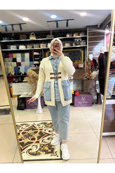 HUMEYRA Denim Detailed Belted Cardigan