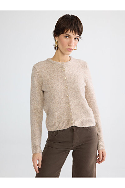 LC Waikiki Brown Crew Neck Wool Blend Women's Knitwear Cardigan