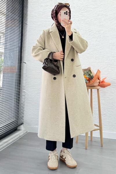 MELEK ARAZ Premium Four Button Pocket Oversized Cashmere Coat - Beige