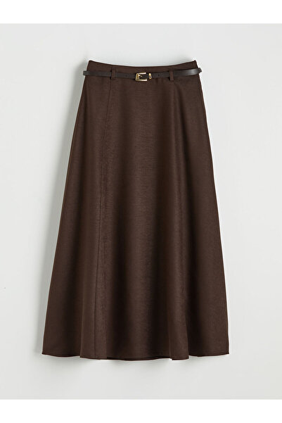 LC Waikiki تنورة بنية اللون على شكل حرف A مع حزام خصر، بمظهر جلد الغزال