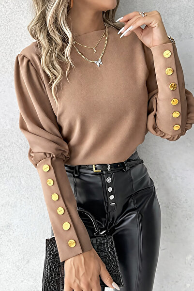Deafox Milky Coffee Button Detail Lantern Sleeve Round Neck Crepe Fabric Blouse