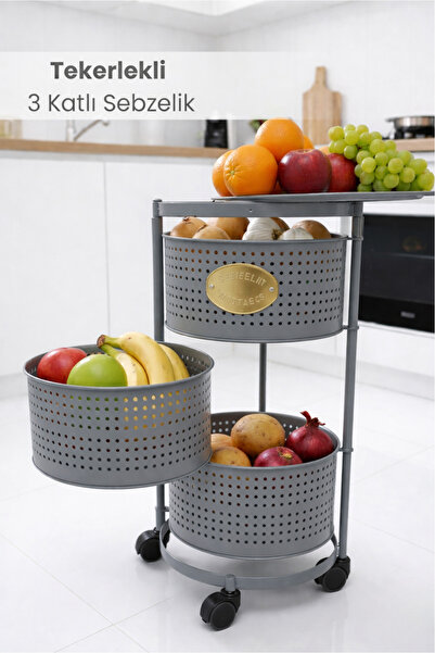 Orvila 3 Katlı Tekerlekli Tepsili Metal Sebzelik Açılır Patates Soğan Meyveli...