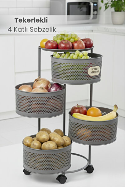 Orvila 4 Katlı Tekerlekli Tepsili Metal Sebzelik Açılır Patates Soğan Meyveli...