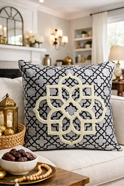 Pilloveland Punch Embroidered Cushion Cover - 43*43 cm - Gray Motif - Ramadan...