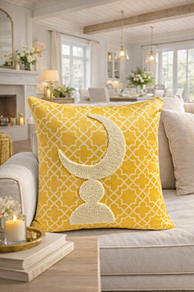 Pilloveland غطاء وسادة مطرز - 43*43 سم - هلال أصفر - رمضان كريم - PNK015