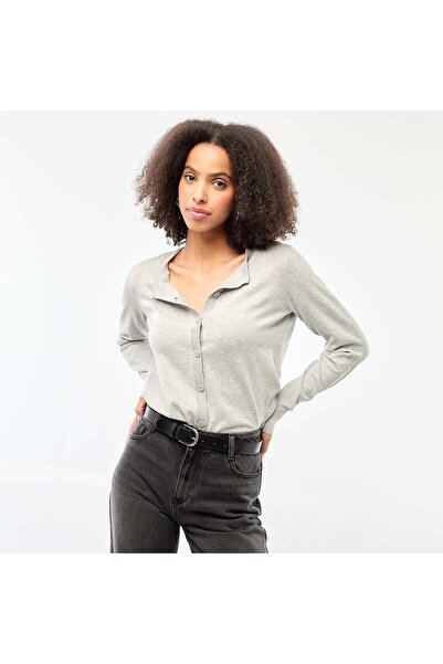 KIABI كارديجان رمادي سادة بياقة دائرية