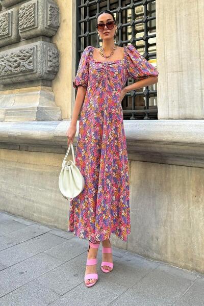 FOR YOU MODA Langes, lilafarbenes Kleid aus Viskose mit Muster und Choker