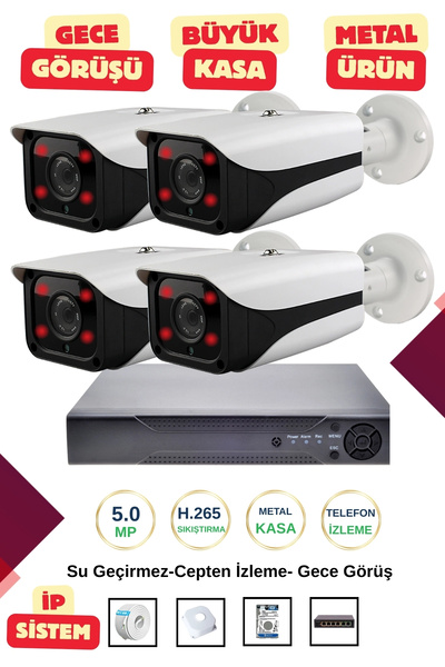 OEM İrtech-4 Kameralı İp Güvenlik Kamera Seti Metal-Gece Görüşlü-Su Geçirmez-...