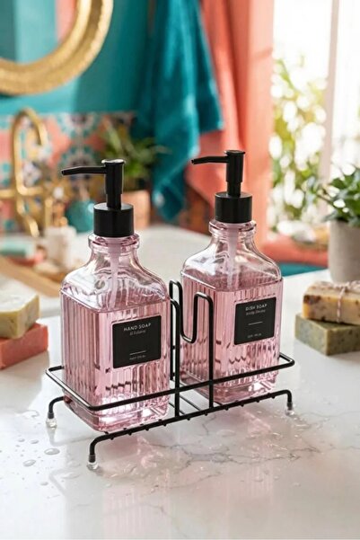 KLARHAUS Modern Çizgili Cam İkili Sıvı Sabunluk & Deterjanlık Seti - 500ml St...