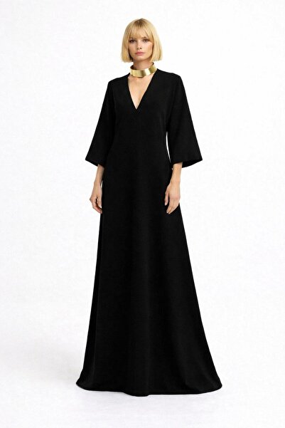 UNTIMELY Black A-Line Maxi Crepe Dress with V-Neck Detail