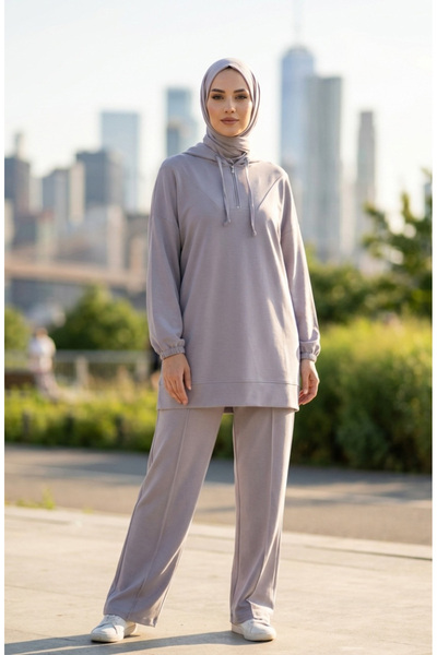 sefamerve Преміум тканина Капюшон Туніка Штани Комплект 0236-05 Сірий
