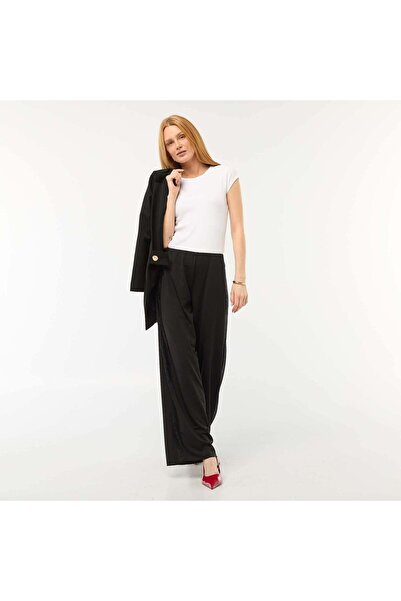 KIABI Wide Leg Flowy Pants with Lace Side Stripes BLACK