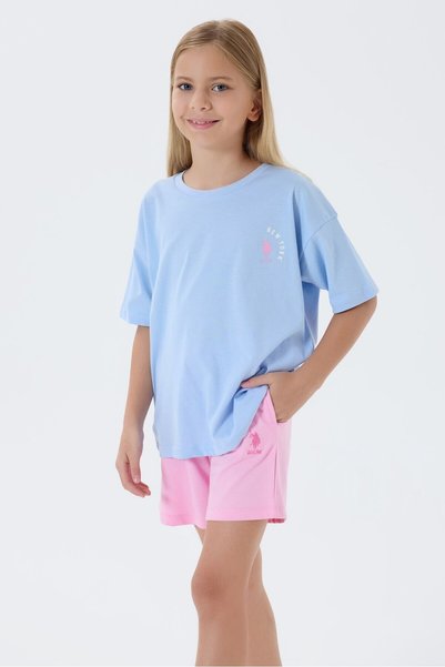 U.S. Polo Assn. Girl's Crew Neck Embroidered Summer Regular Fit Blue Shorts Set Us2512-C-V1