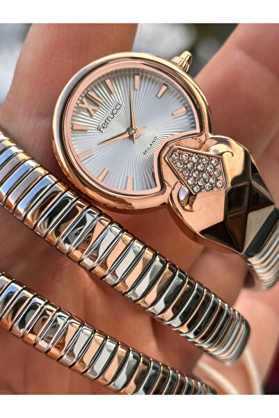 Ferrucci Round Head Snake Model, White Color Dial Rose Silver Steel Band Brac...