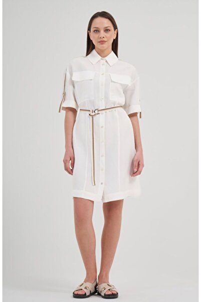 MG GİYİM STORE Women's White Belted Linen Shirt Dress