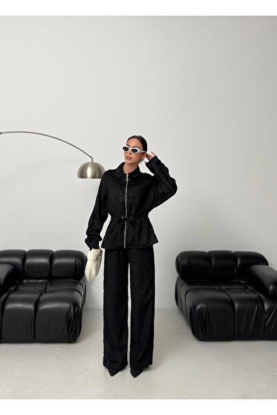 moda paketi Women's Suede Zippered Waist Drawstring Long Sleeve Trouser Suit ...