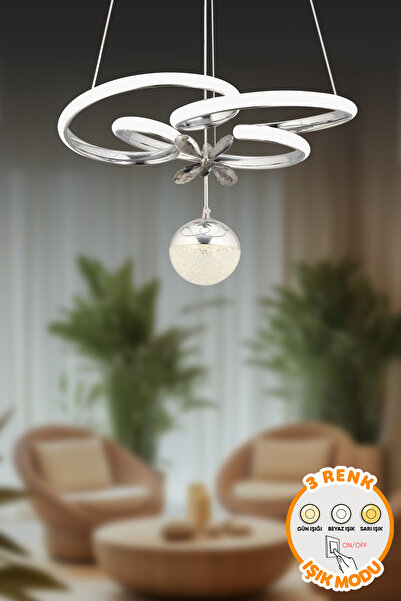 Dekorluna Carlo Krom Kaplama Modern Sarkıt 3 Renk Işık Avize Salon Mutfak Oda...