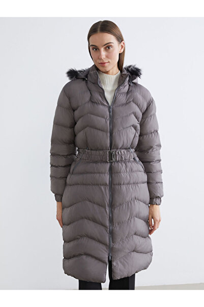 LC Waikiki Gray Fur Hooded Quilted Women's Puffer Coat