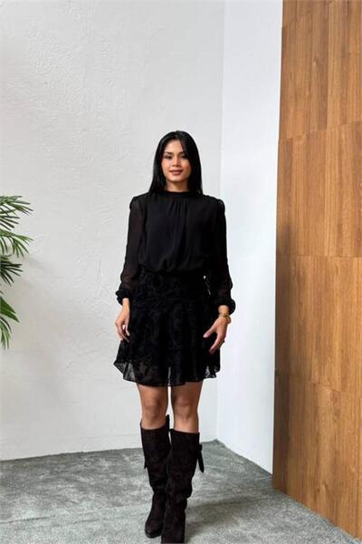 Neşeli Butik Women's Black Skirt Flock Printed Mock Neck Chiffon Dress of Sho...