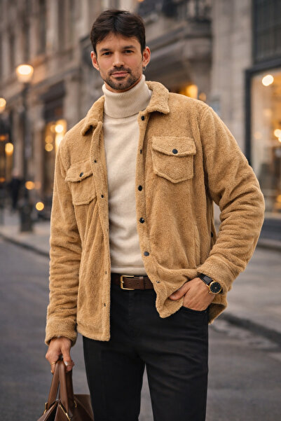 Polo State Men's Plush Soft Textured Sherpa Jacket Camel