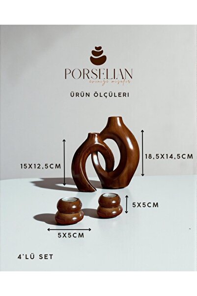 Porselian Set od 4 dekorativna predmeta - Smeđa moderna keramička vaza i set ...