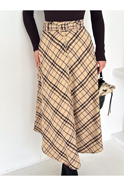 winmoda Women's Plaid Patterned Front Buttoned Belted Bell Skirt - Full Fit T...