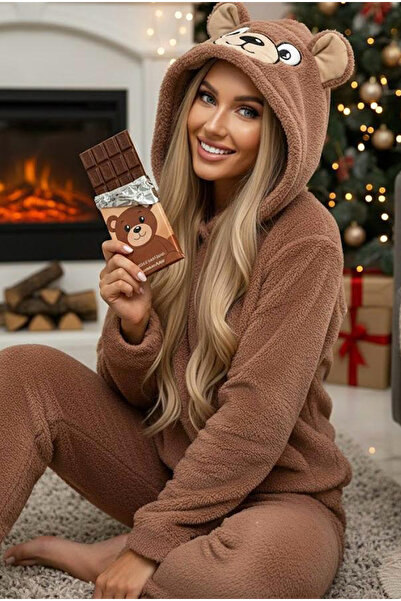 Siyah İnci Brown Hooded Embroidered Wellsoft Winter Knitted Pajama Set