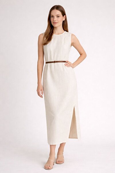 MG GİYİM STORE Women's Linen Sleeveless Belted Long Dress