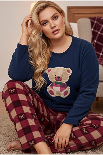Siyah İnci Navy Blue Plaid Pattern Embroidered Plus Size Fleece Winter Knitte...
