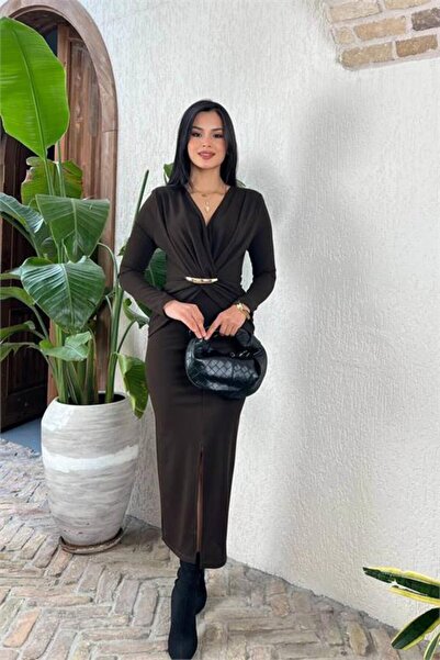 Neşeli Butik Women's Brown Crepe Dress with Gold Accessories Slit Midi Length...