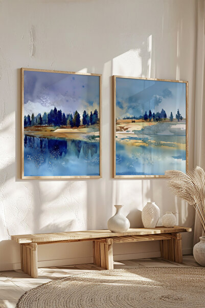 STARYUNA Natural Wood Framed Watercolor Effect Abstract Nature Scenery Double...