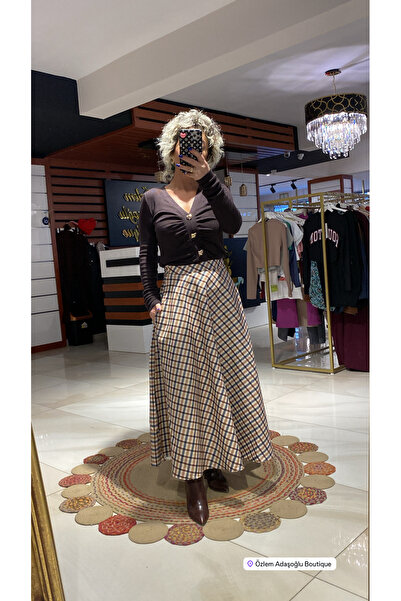 özlem adaşoğlu boutique EKOSE DESENLİ SÜET MİDİ ETEK