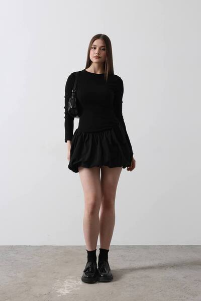 cemo Balon Etekli Bisiklet Yaka Uzun Kollu Mini Elbise