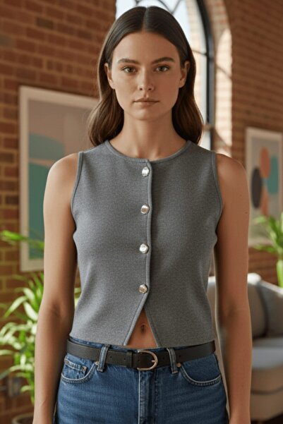Lunarose Bisiklet Yaka Kadın Düğmeli Örme Yelek Gri