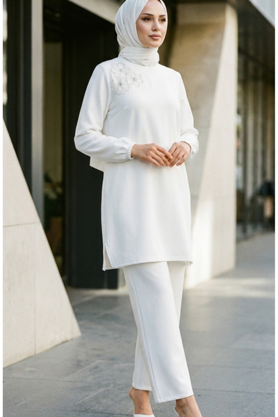 sefamerve Stone Embroidered Tunic Trousers Double Suit 0230-02 White
