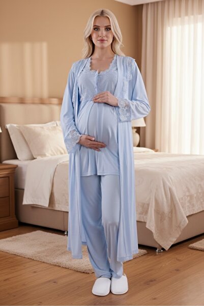 Lohusa Homewear Women's Blue Long Dressing Gown Special Design Lace Detailed ...